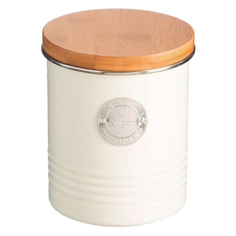 Sugar can metal body, bamboo air tight lid, cream color 1 qt.