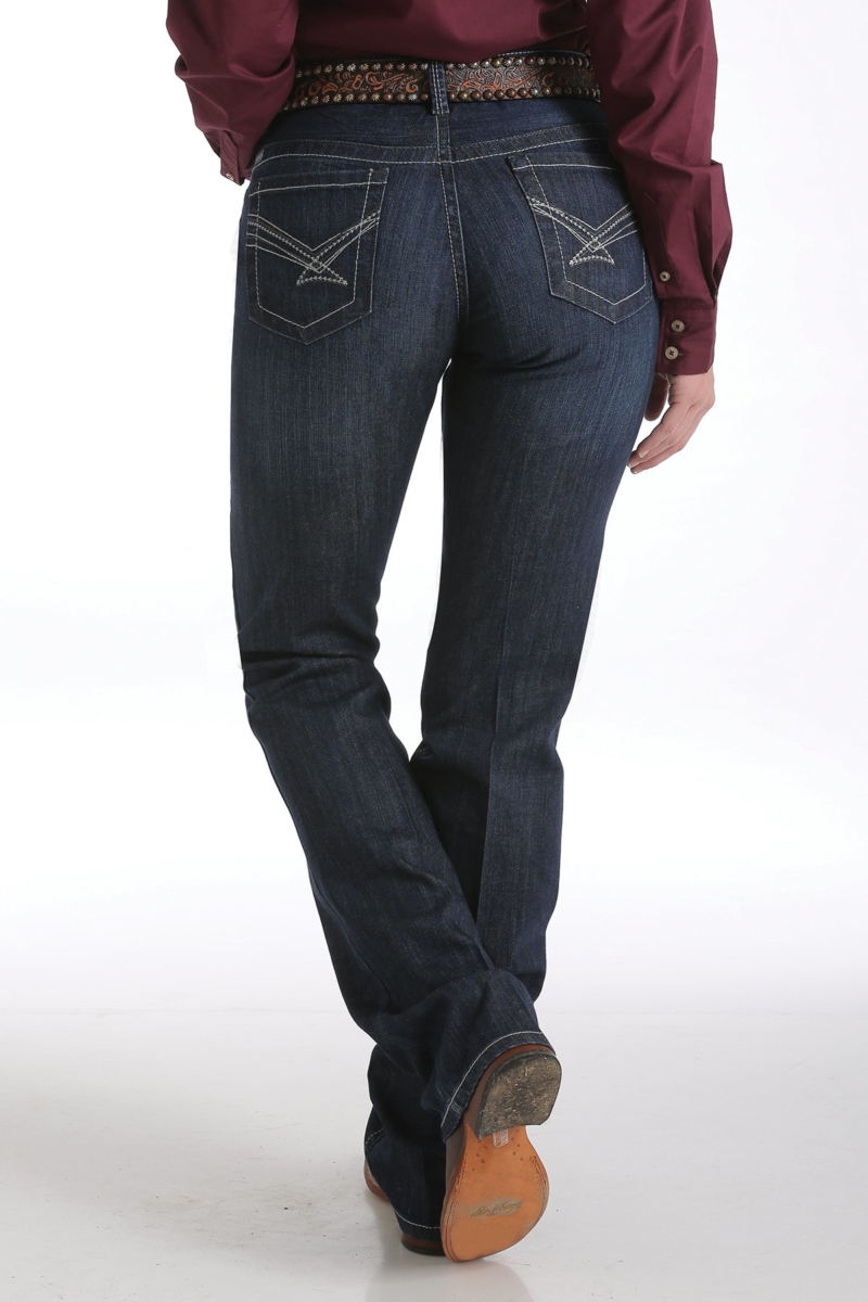 Womens Cinch back view of ADA Dark stone wash relax fit