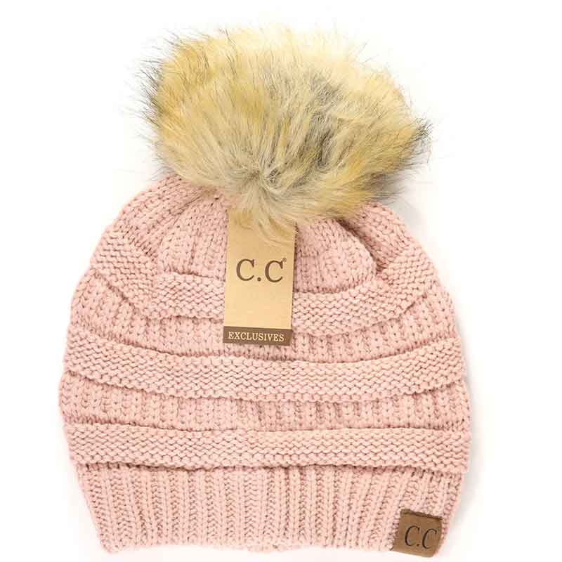 CC Beanie With Fur Pom Bear River Valley Co Op   Inki Pink Fur Pom  