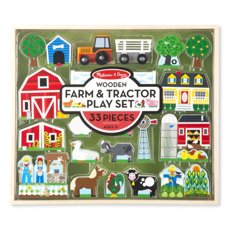 Melissa & Doug wooden farm & tractor play set has 33 play pieces